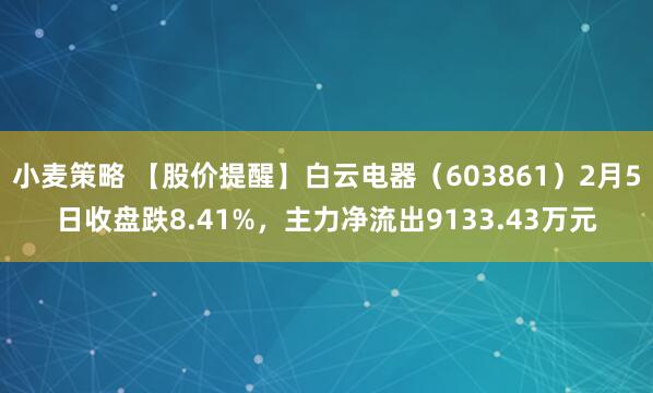 小麦策略 【股价提醒】白云电器（603861）2月5日收盘跌8.41%，主力净流出9133.43万元